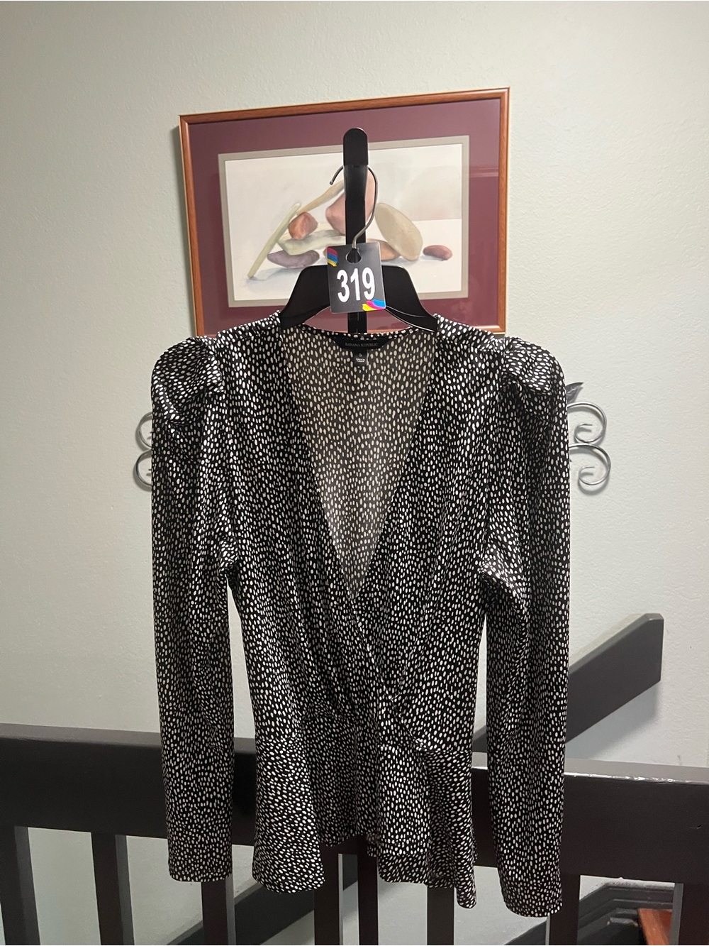 Banana Republic Black and White Printed Wrap-Style Blouse #319